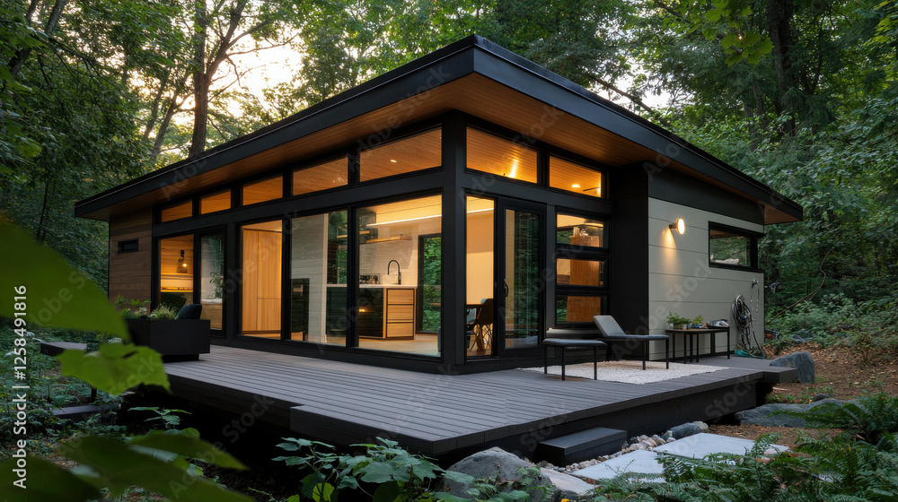 Modern house design surrounded by lush greenery in a serene forest setting. Modern house design surrounded by lush greenery in a serene forest setting.