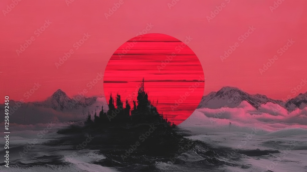 Obraz premium A dark castle sits on a snow covered landscape under a large red sun.