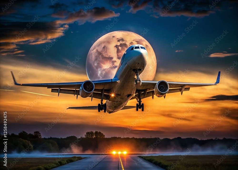Airplane Ascending at Night, Moonlit Takeoff, Dramatic Sky