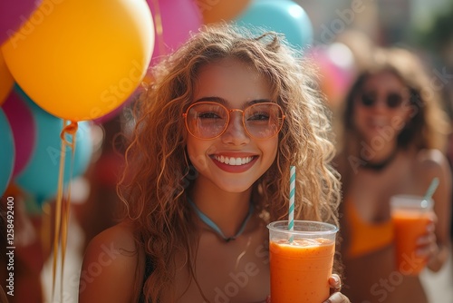 Woman smiles, holding smoothie, balloons, festival
