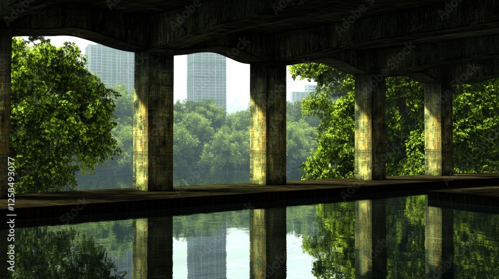 Fototapeta premium Tranquil reflection of city buildings and lush greenery in a serene pool setting.
