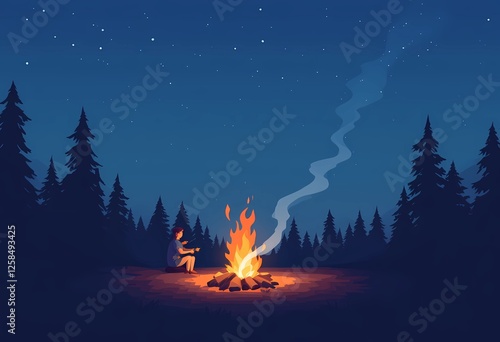 Night Campfire under Starry Sky