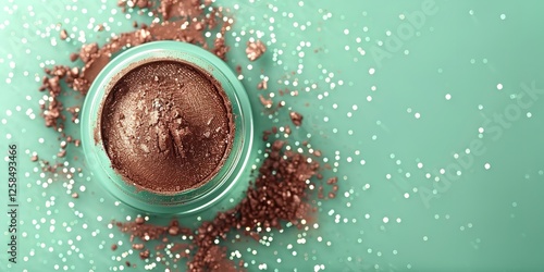 Mocha mousse-colored eyeshadow is employed for eye makeup over eyelids over a pale-green setting lovely hue and space, Generative AI.