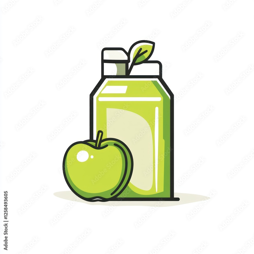 Green Juice Carton with Apple, Healthy Drink Icon Green Juice Carton with Apple, Healthy Drink Icon