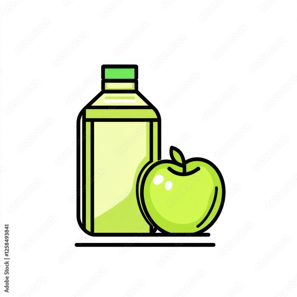 Simple illustration of a bottle of apple juice and a green apple. Use Stock photo for food, healthy drinks, and fruit Simple illustration of a bottle of apple juice and a green apple. Use Stock photo for food, healthy drinks, and fruit