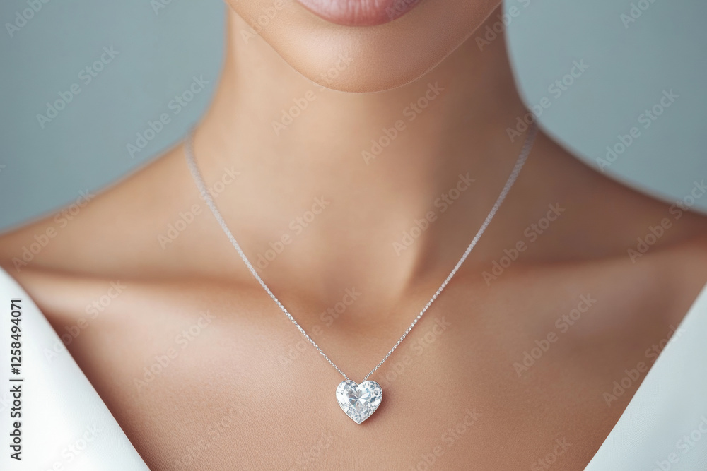 Elegant Caucasian woman showcasing heart shaped diamond necklace Elegant Caucasian woman showcasing heart shaped diamond necklace