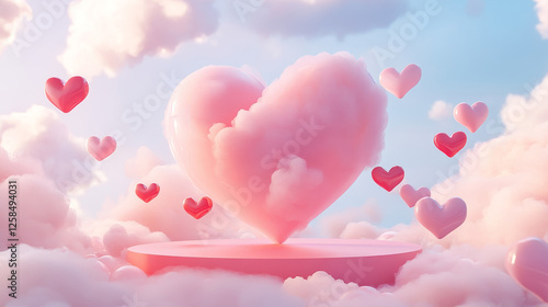 Realistic pink podium with hearts flying around isolated on transparent background. Vector illustration of platform in shape of love symbol. Product display mockup for sale presentation. Romantic gift