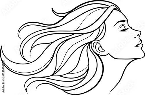 Elegant Woman Profile Drawing, Long Hair, Windblown, Black and White, Line Art, Female Face, Side Vi