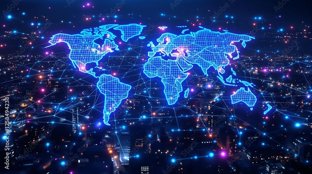 Global Network Connections Represented by World Map and City Lights Global Network Connections Represented by World Map and City Lights