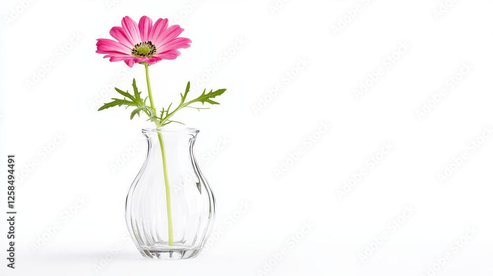 simple glass vase with single pink flower and green leaves, creating fresh and elegant look simple glass vase with single pink flower and green leaves, creating fresh and elegant look