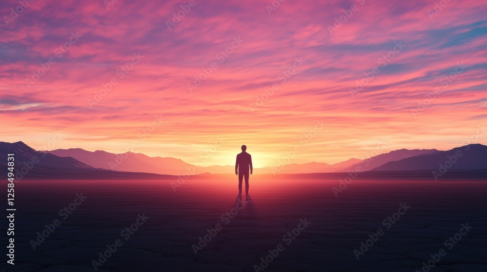 Silhouette of a Person Against a Colorful Sunset Landscape Silhouette of a Person Against a Colorful Sunset Landscape