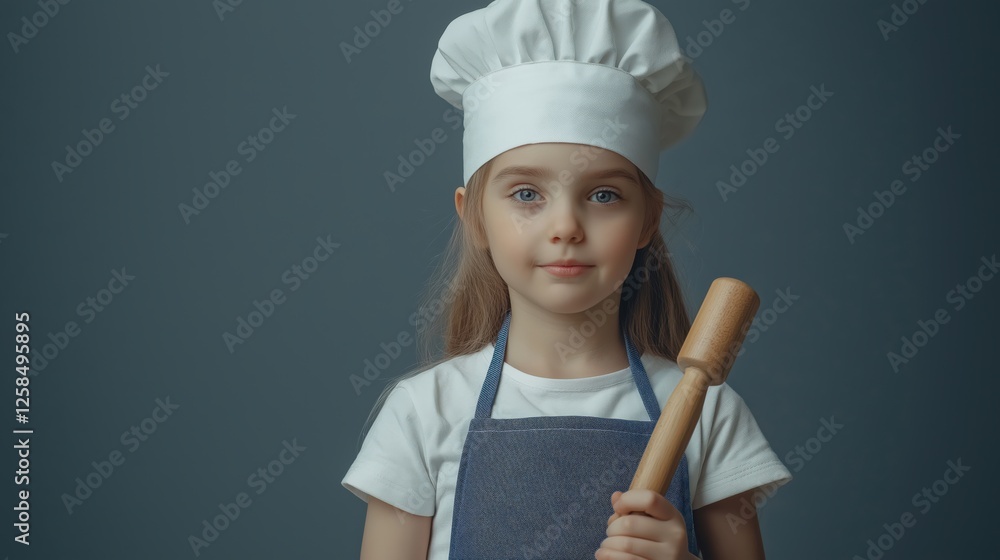 little girl chef with blue apron on an isolated blue background , she is wearing a hat little girl chef with blue apron on an isolated blue background , she is wearing a hat