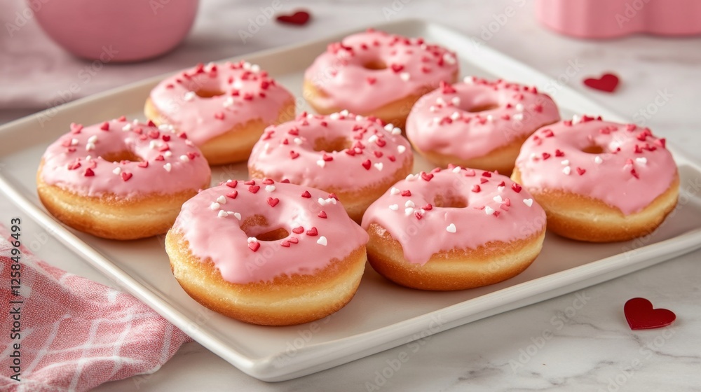 A plate of homemade pink-frosted donuts with heart sprinkles, perfect for a Valentine's celebration. A plate of homemade pink-frosted donuts with heart sprinkles, perfect for a Valentine's celebration.