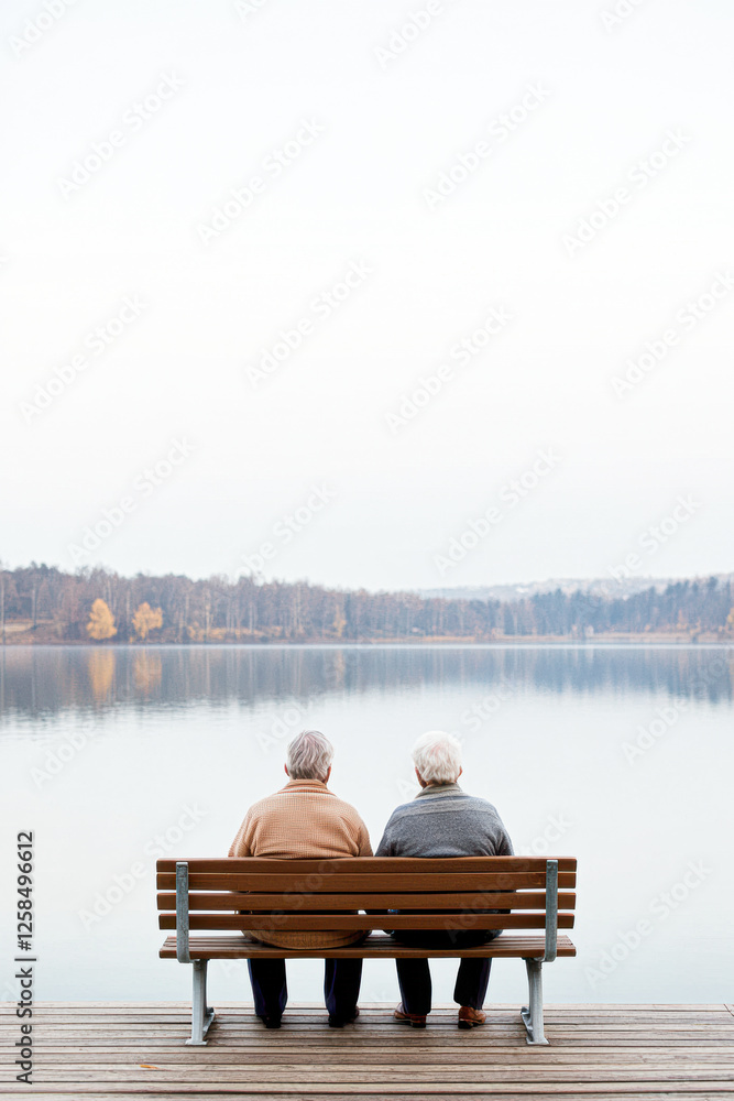 Elderly couple enjoying serenity by the lake peaceful nature scene calm view Elderly couple enjoying serenity by the lake peaceful nature scene calm view