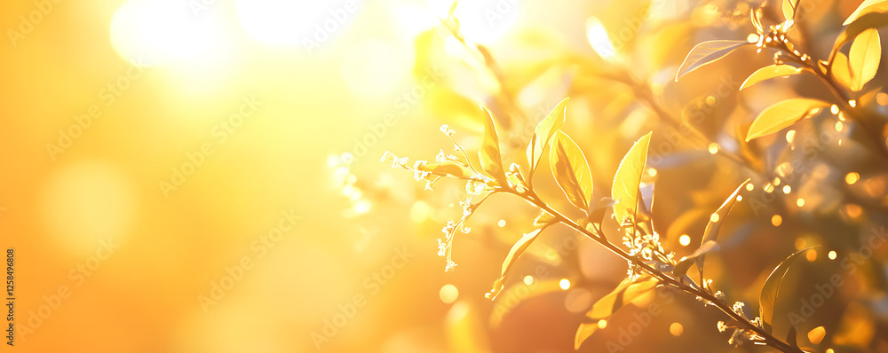 Fototapeta premium Golden Sunlight Illuminates Vibrant Green Leaves and Delicate White Blossoms in a Tranquil Natural Setting