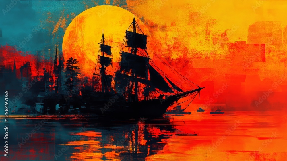 Fototapeta premium Silhouette of a sailing ship at sunset, creating a dramatic and fiery scene.