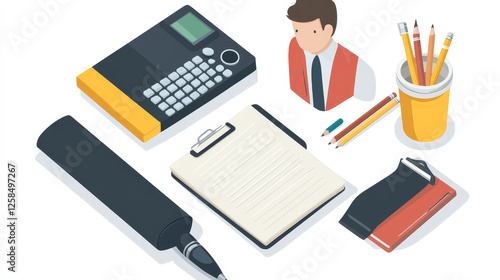 Journalist banner with equipment for interview. Vector landing page of broadcast author, newspaper writer with isometric illustration of dictaphone with audio cassette, notebook and pencils photo