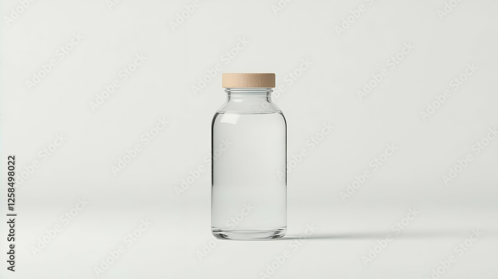 Clear glass bottle with light beige lid on white background. Possible use Product mockup Clear glass bottle with light beige lid on white background. Possible use Product mockup