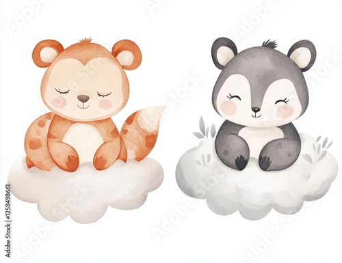 Adorable dreamer bear, elephant, panda, and bunny on a cloud. Hand-drawn watercolor cartoon illustration. Baby animal set isolated on white photo