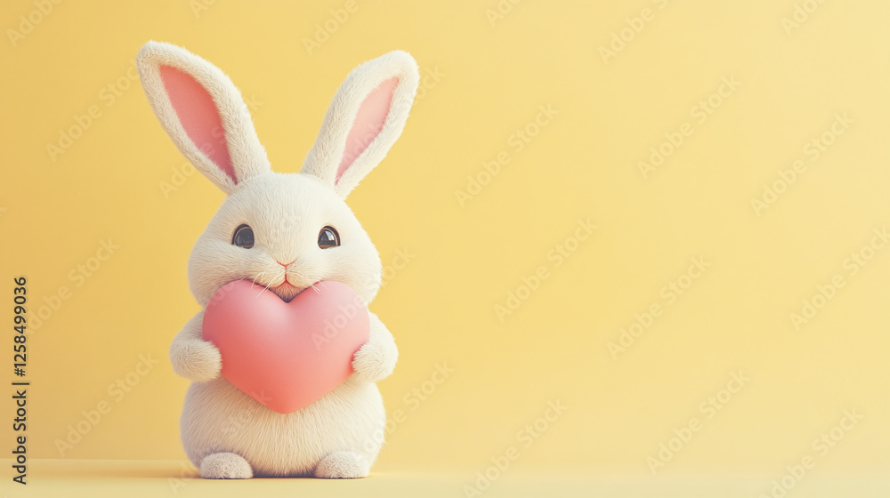 Obraz premium Valentines day cartoon bunny holding pastel pink heart on light yellow background, banner design with copy space for text.