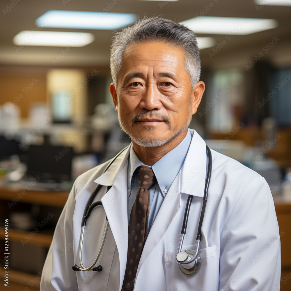 A middle-aged Chinese male doctor, wearing a white coat and stethoscope, in a hospital office