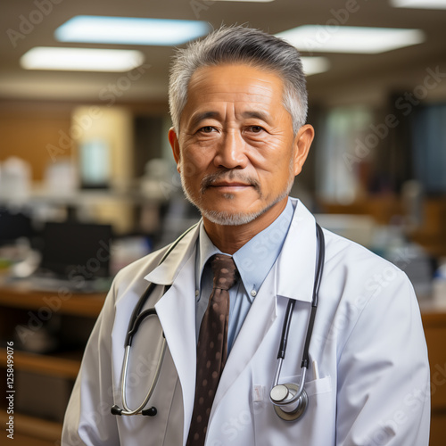 Obraz na płótnie A middle-aged Chinese male doctor, wearing a white coat and stethoscope, in a hospital office w salonie