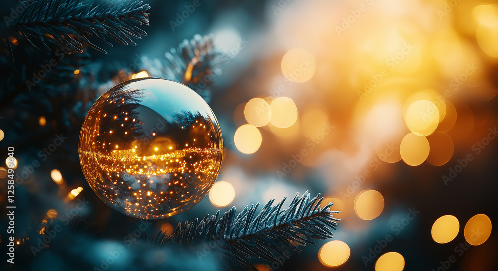 close up of Christmas tree decoration featuring gold ornament reflecting warm lights, creating festive atmosphere close up of Christmas tree decoration featuring gold ornament reflecting warm lights, creating festive atmosphere