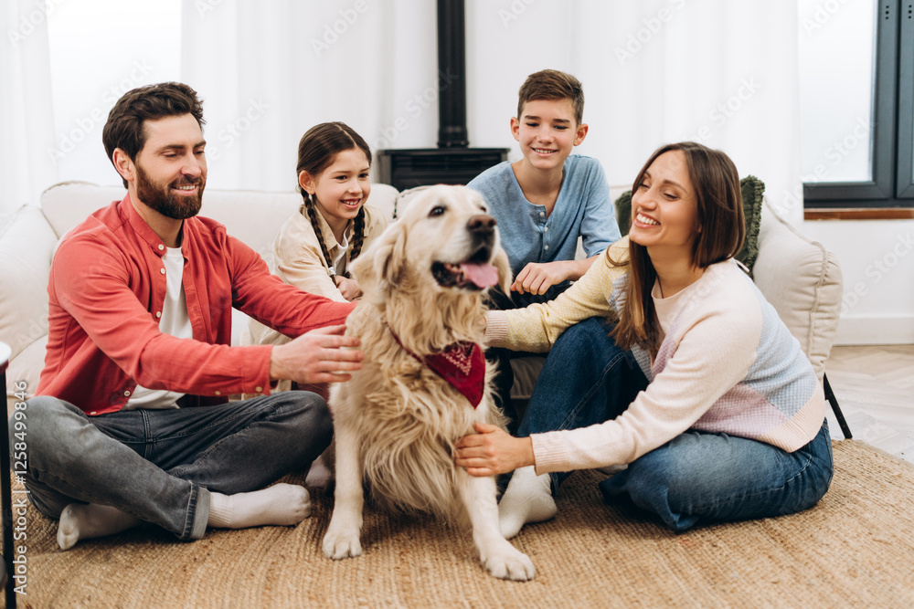 Happy family petting their golden retriever dog at home Happy family petting their golden retriever dog at home