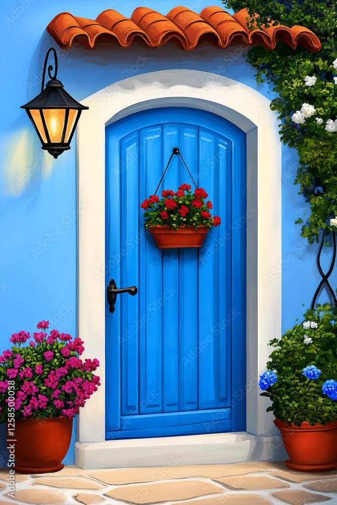 Fototapeta premium Charming Mediterranean Blue Door with Vibrant Floral Arrangements