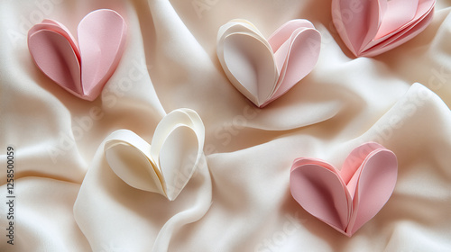 Valentines day hand-folded paper hearts on soft cream fabric. photo