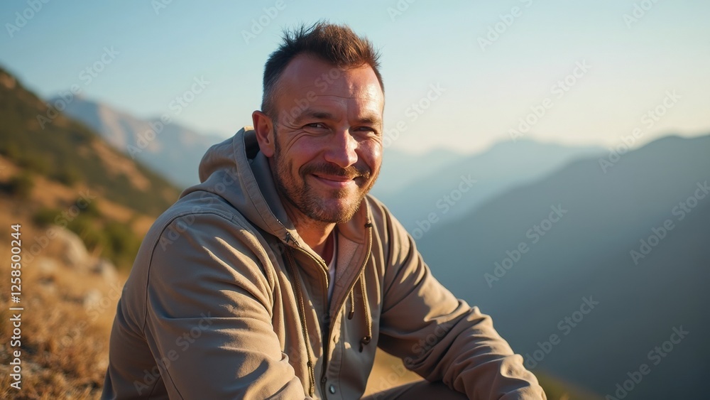 A Man With a Friendly Smile Sits in a Scenic Mountain Setting During Sunset A Man With a Friendly Smile Sits in a Scenic Mountain Setting During Sunset