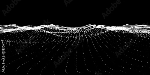 Vector abstract wave of white dots on black background. Futuristic digital landscape with flowing grid. Technology of virtual reality.