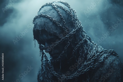 Chained undead creature in stormy sky; horror art