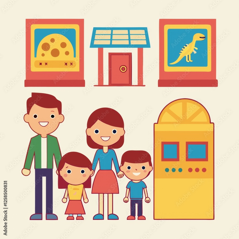 Family visiting a science museum, parents and kids exploring interactive exhibits and learning together. Cartoon family Family visiting a science museum, parents and kids exploring interactive exhibits and learning together. Cartoon family