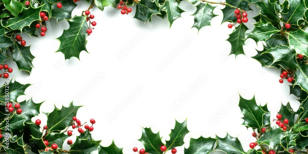 A decorative frame made of holly leaves and berries, ideal for holiday cards or festive invitations. A decorative frame made of holly leaves and berries, ideal for holiday cards or festive invitations.