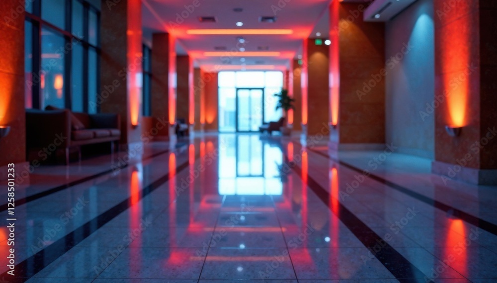 Vague light reflection on lobby floor, reflective surface, blur, dim lighting Vague light reflection on lobby floor, reflective surface, blur, dim lighting