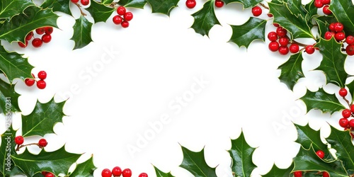 A decorative frame made of holly leaves and berries, ideal for holiday cards or festive invitations.