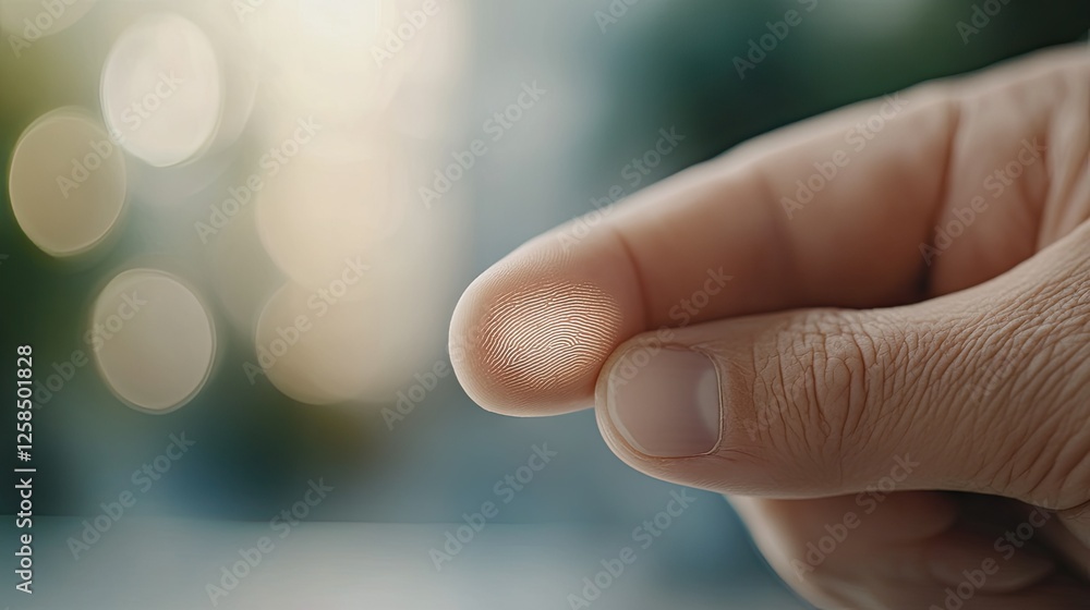 Close-up view of a human finger displaying a fingerprint against a blurred background in a bright outdoor setting Close-up view of a human finger displaying a fingerprint against a blurred background in a bright outdoor setting