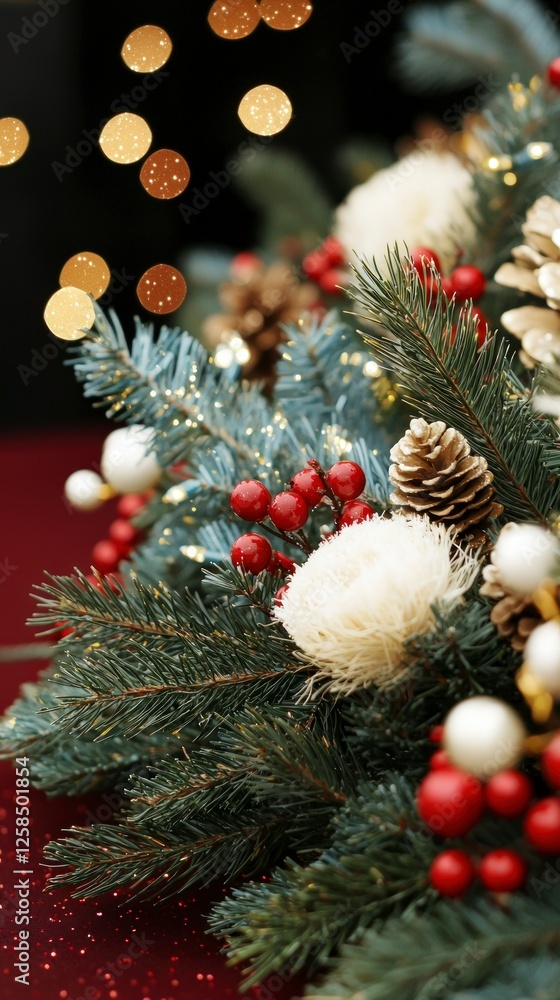 Festive Christmas Decoration with Red Berries and White Flowers Festive Christmas Decoration with Red Berries and White Flowers