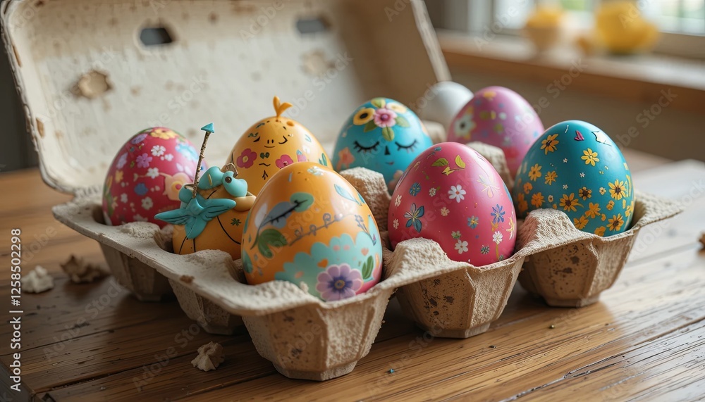 Fototapeta premium Colorful easter eggs displayed in carton home photography cozy close-up festive vibes