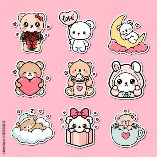 Cute Teddy Bear Sticker Pack for valentine's day – Kawaii Love & Cozy Aesthetic Stickers