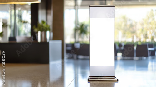 Advertising and promo white empty information booth stand or roll up board. Realistic vector illustration set of blank portable vertical pullup info banner mockup for ad and product presentation.