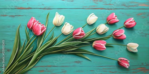 Fresh pink and white tulips scattered over a vintage turquoise wooden surface for rustic spring ambiance photo