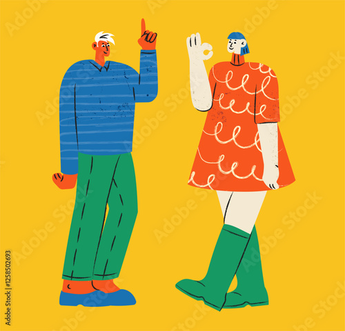 Young happy excited woman and man with hand gesture showing with hands, positive emotions. Flat graphic vector illustration