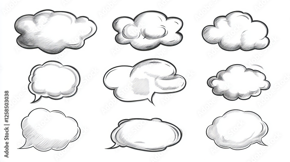 Fototapeta premium 3d render speech bubbles, isolated blank messages, communication and thought balloons. Dialogue and speak boxes, frames, design elements on white background, Illustration in cartoon. 3D Illustration