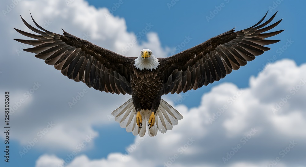 Naklejka premium Bald Eagle Flying Against a Cloudy Blue Sky with Wings Extended