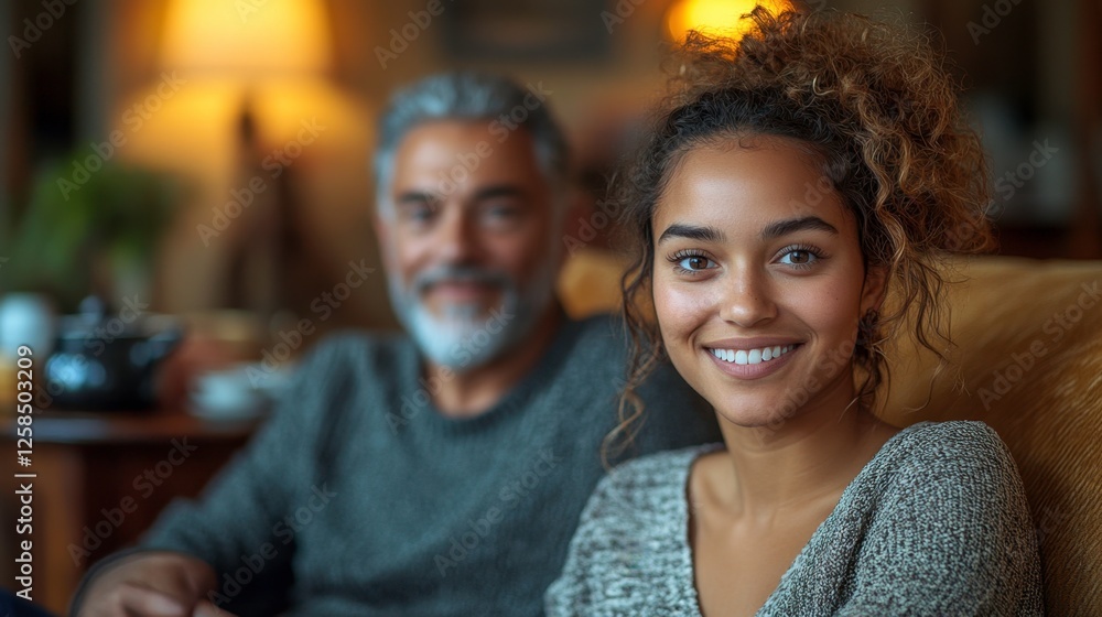 Smiling Daughter Bonding With Her Father in a Comfortable Home Setting Smiling Daughter Bonding With Her Father in a Comfortable Home Setting
