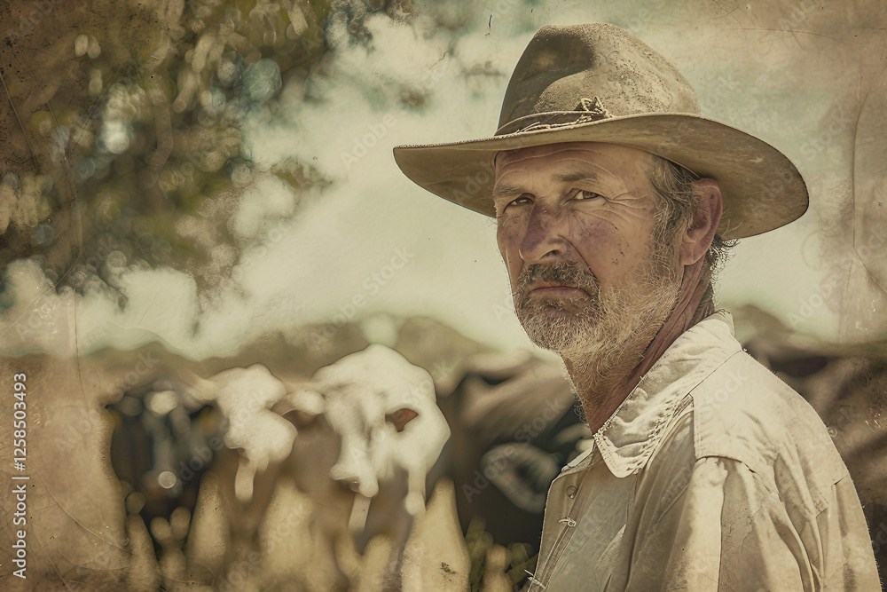 Fototapeta premium Generative AI Portrait of Male Farmer in Rural Environment with Agricultural Machines Ranch Harvesting Work