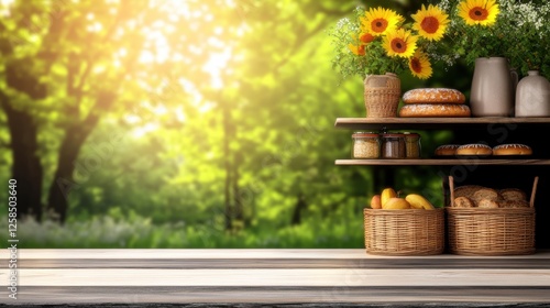 Table with a basket of bread and a vase of flowers in a coffee shop setting