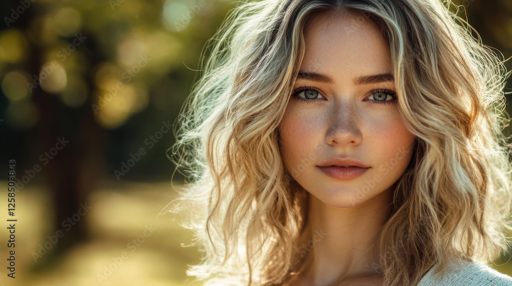 Young woman with wavy hair enjoys sunny outdoor setting in soft natural light on a beautiful day Young woman with wavy hair enjoys sunny outdoor setting in soft natural light on a beautiful day